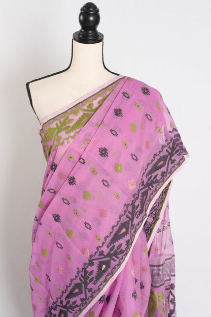 Hema : Purple Blended Soft Cotton Jamdani Bengali Saree with Ganga Jamuna Border - Saree Mandi