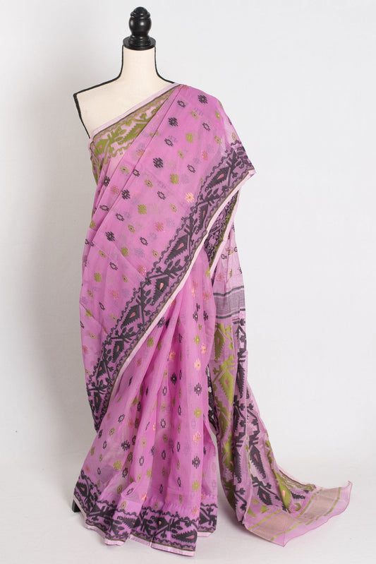 Hema : Purple Blended Soft Cotton Jamdani Bengali Saree with Ganga Jamuna Border - Saree Mandi