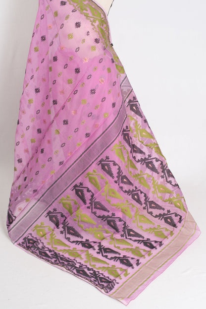 Hema : Purple Blended Soft Cotton Jamdani Bengali Saree with Ganga Jamuna Border - Saree Mandi