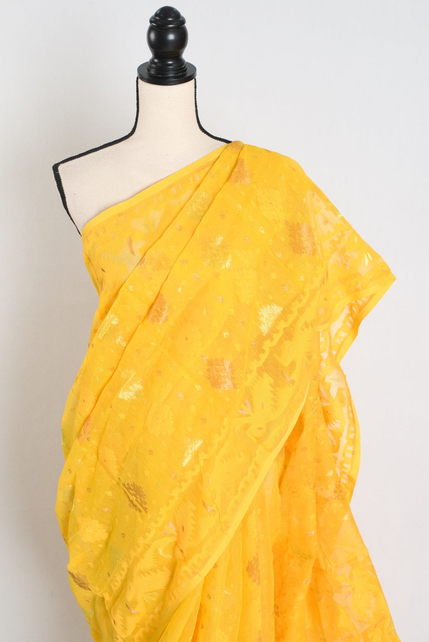 Hriti : Bright Yellow Blended Soft Cotton Jamdani Bengali Saree - Saree Mandi