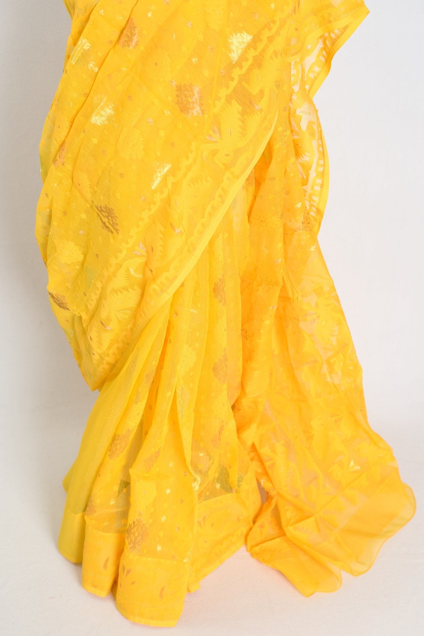 Hriti : Bright Yellow Blended Soft Cotton Jamdani Bengali Saree - Saree Mandi