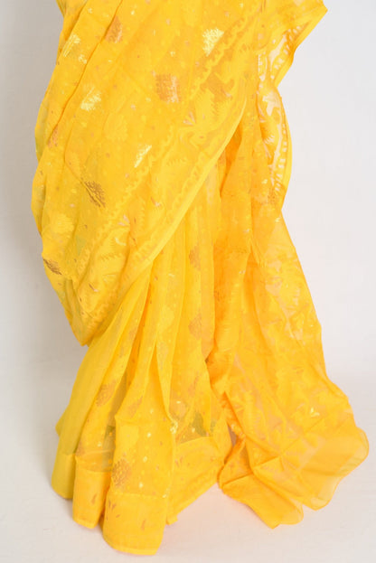 Hriti : Bright Yellow Blended Soft Cotton Jamdani Bengali Saree - Saree Mandi