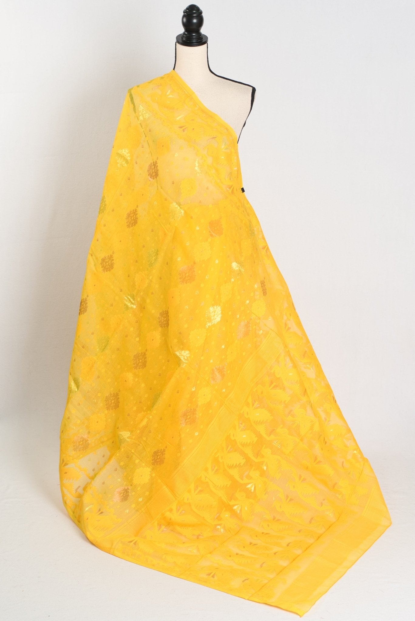 Hriti : Bright Yellow Blended Soft Cotton Jamdani Bengali Saree - Saree Mandi