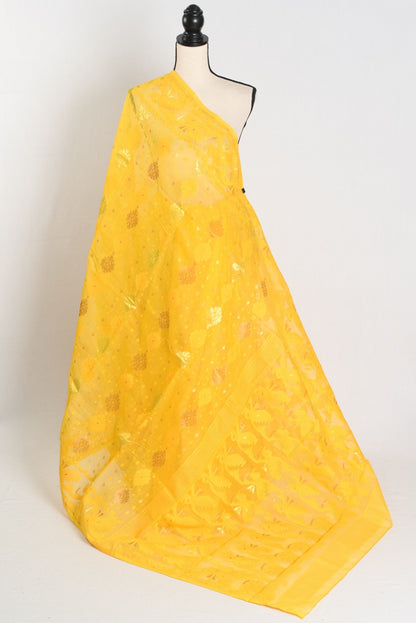 Hriti : Bright Yellow Blended Soft Cotton Jamdani Bengali Saree - Saree Mandi