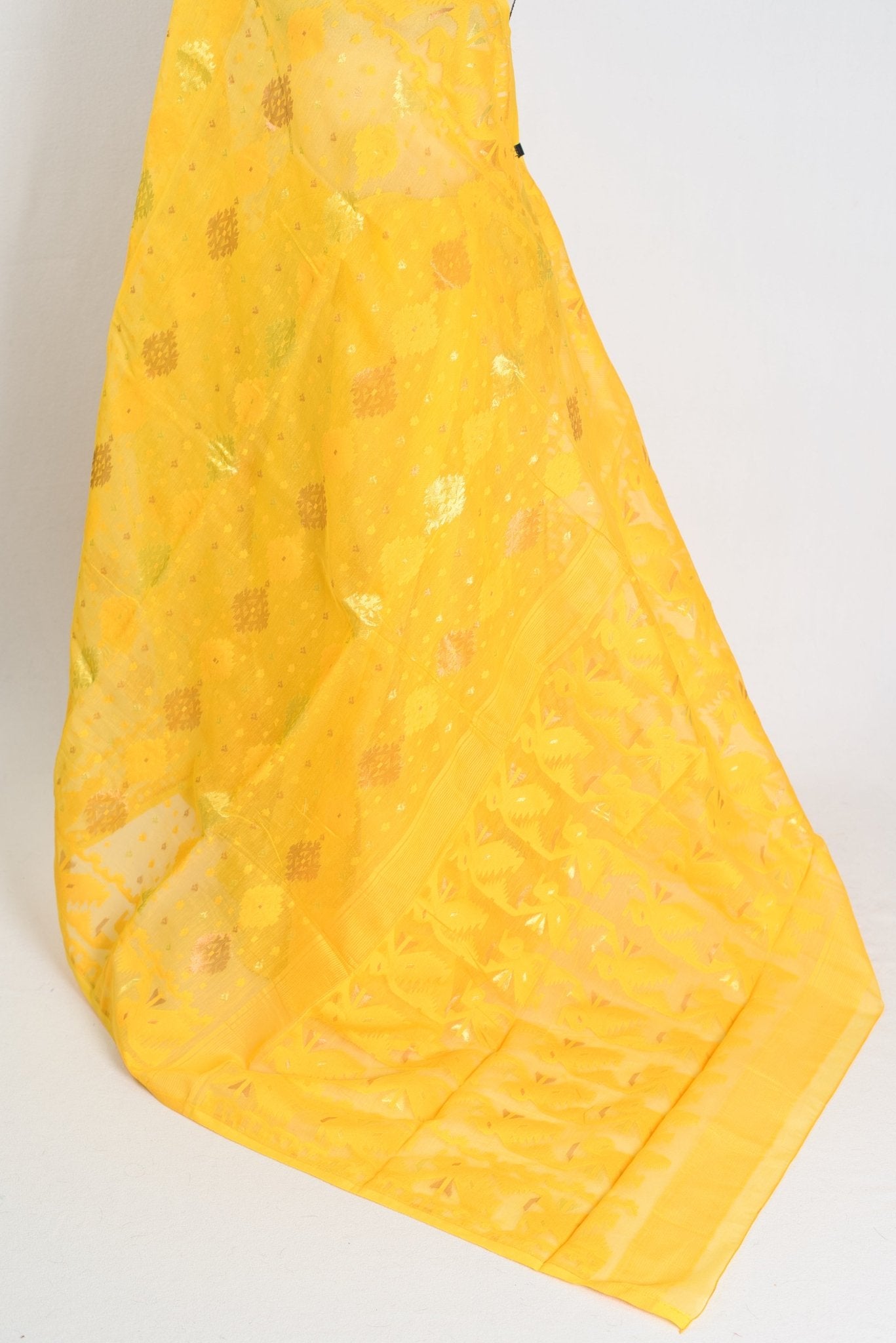 Hriti : Bright Yellow Blended Soft Cotton Jamdani Bengali Saree - Saree Mandi