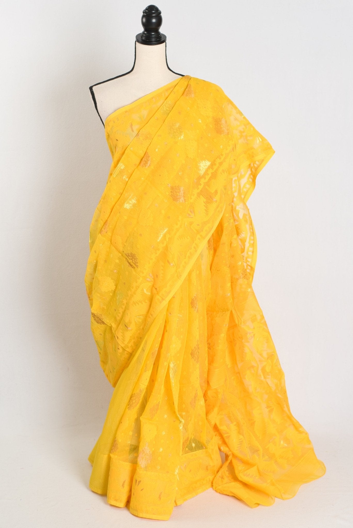 Hriti : Bright Yellow Blended Soft Cotton Jamdani Bengali Saree - Saree Mandi