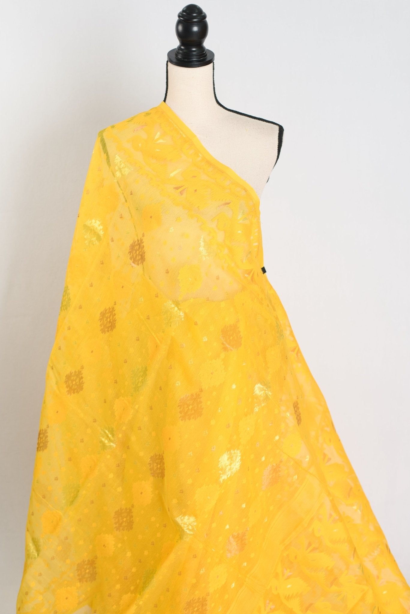 Hriti : Bright Yellow Blended Soft Cotton Jamdani Bengali Saree - Saree Mandi