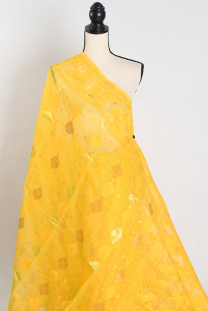 Hriti : Bright Yellow Blended Soft Cotton Jamdani Bengali Saree - Saree Mandi