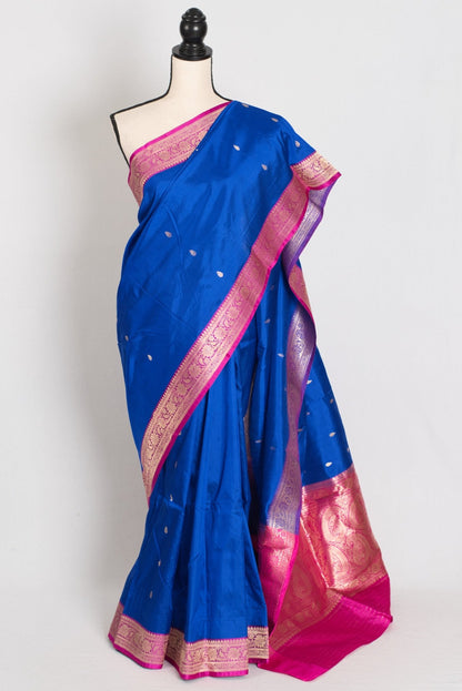 Ila : Certified Silk Banarasi Saree in Royal Blue and Dark Pink - Saree Mandi