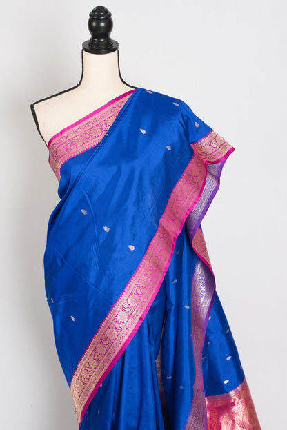 Ila : Certified Silk Banarasi Saree in Royal Blue and Dark Pink - Saree Mandi