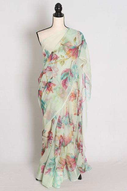 Ila : Sea Green Floral Printed Chiffon Saree – Budget-Friendly Summer Drape - Saree Mandi