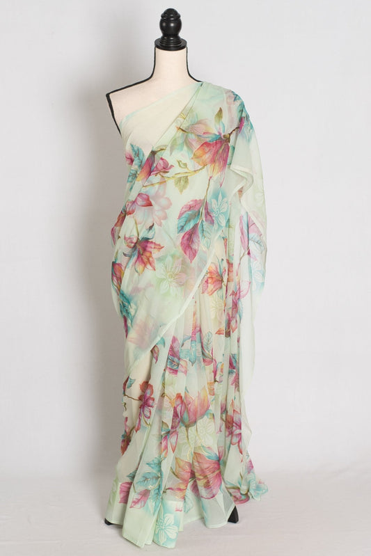 Ila : Sea Green Floral Printed Chiffon Saree – Budget-Friendly Summer Drape - Saree Mandi
