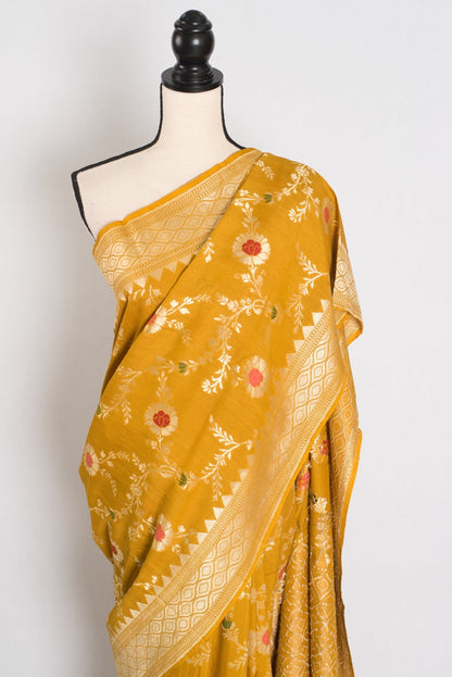 Ira: Muga Tussar Banarasi Silk Saree | Floral Woven Design | Silk Mark Certified - Saree Mandi