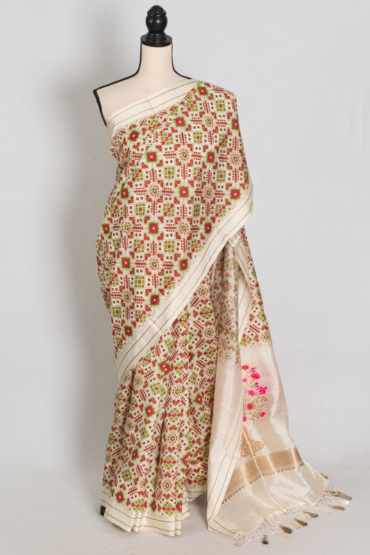 Ira : Off-White Ikkat Print Banarasi Katan Silk Saree – 38 Size Blouse - Saree Mandi