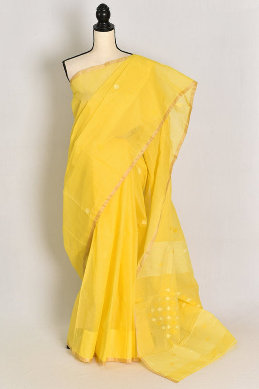 Ira: Pure Cotton Bengal Handloom Jamdani Saree in Yellow | Bengali Tant - Saree Mandi