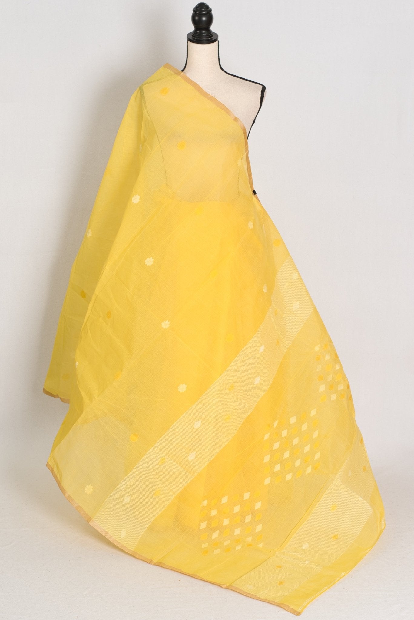 Ira: Pure Cotton Bengal Handloom Jamdani Saree in Yellow | Bengali Tant - Saree Mandi