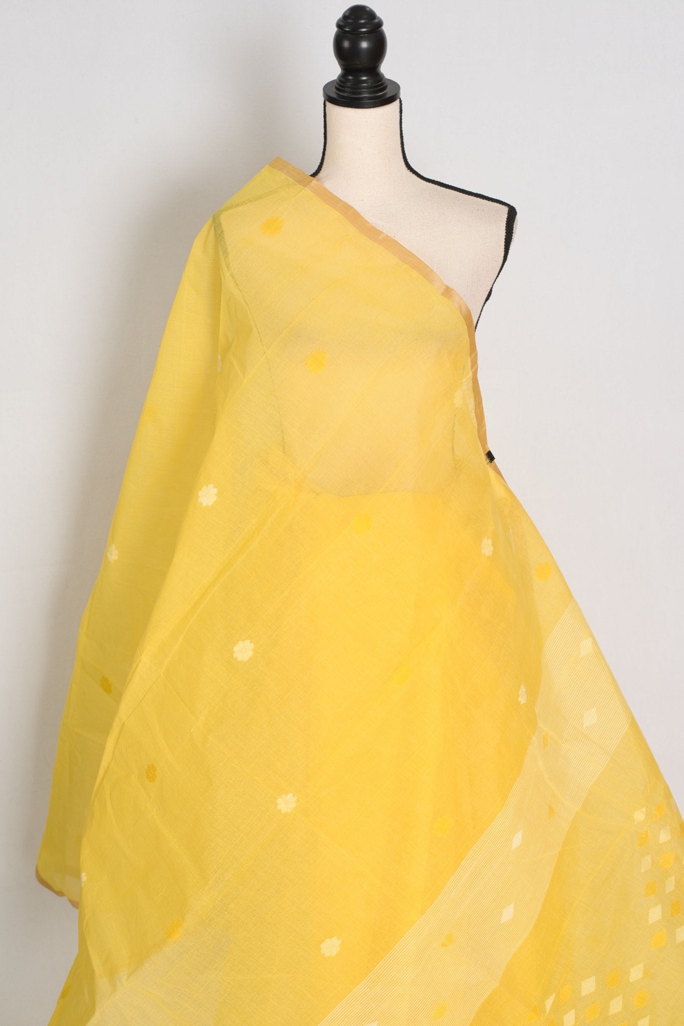 Ira: Pure Cotton Bengal Handloom Jamdani Saree in Yellow | Bengali Tant - Saree Mandi
