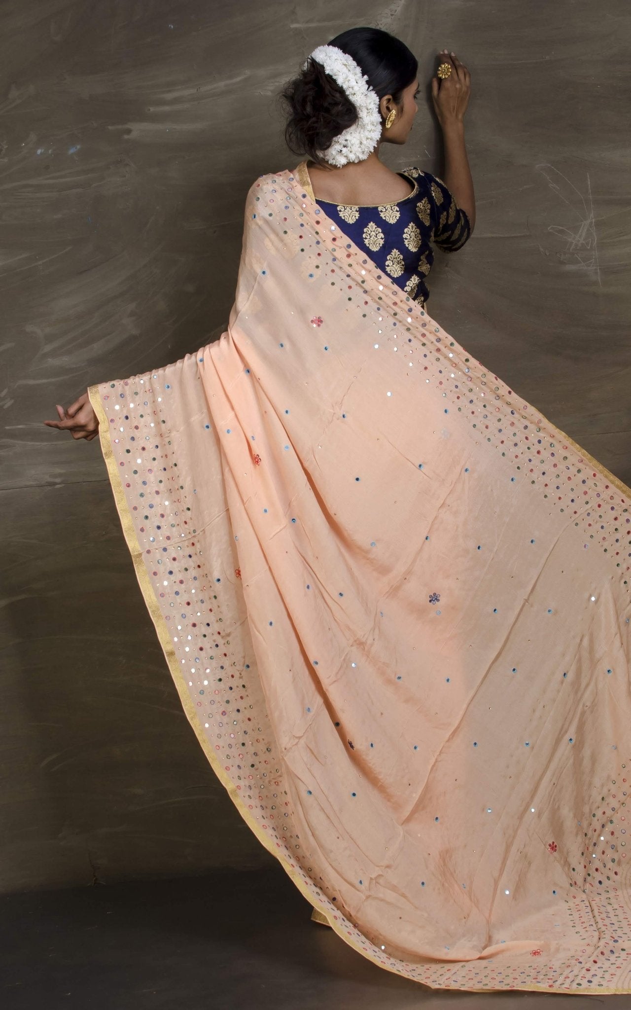 Isha : Mirror Work Soft Semi Crepe Saree in Peach and Gold - Saree Mandi