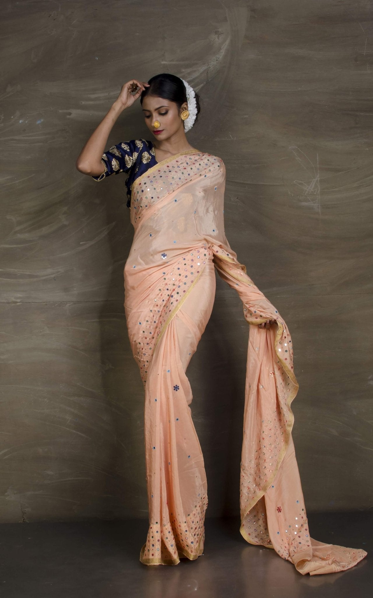 Isha : Mirror Work Soft Semi Crepe Saree in Peach and Gold - Saree Mandi