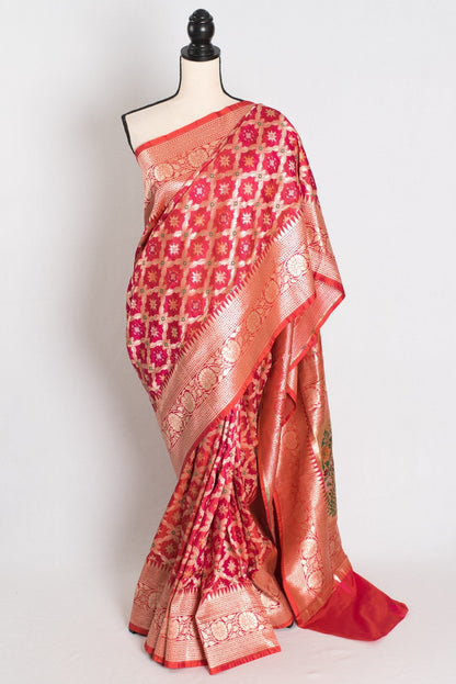 Ishq : Exclusive Coral Pink Bridal Banarasi Saree with Minakari Jaal Weaving - Saree Mandi