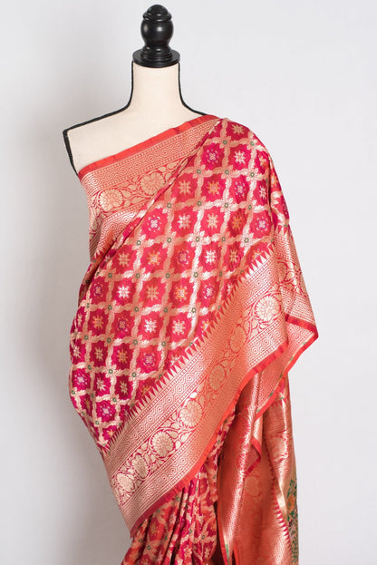 Ishq : Exclusive Coral Pink Bridal Banarasi Saree with Minakari Jaal Weaving - Saree Mandi