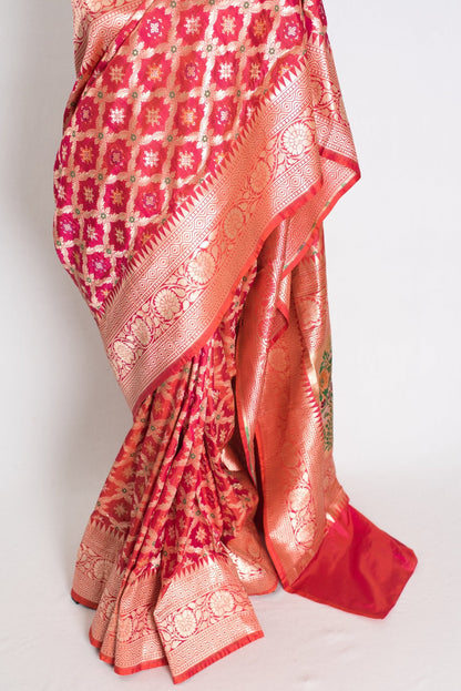 Ishq : Exclusive Coral Pink Bridal Banarasi Saree with Minakari Jaal Weaving - Saree Mandi