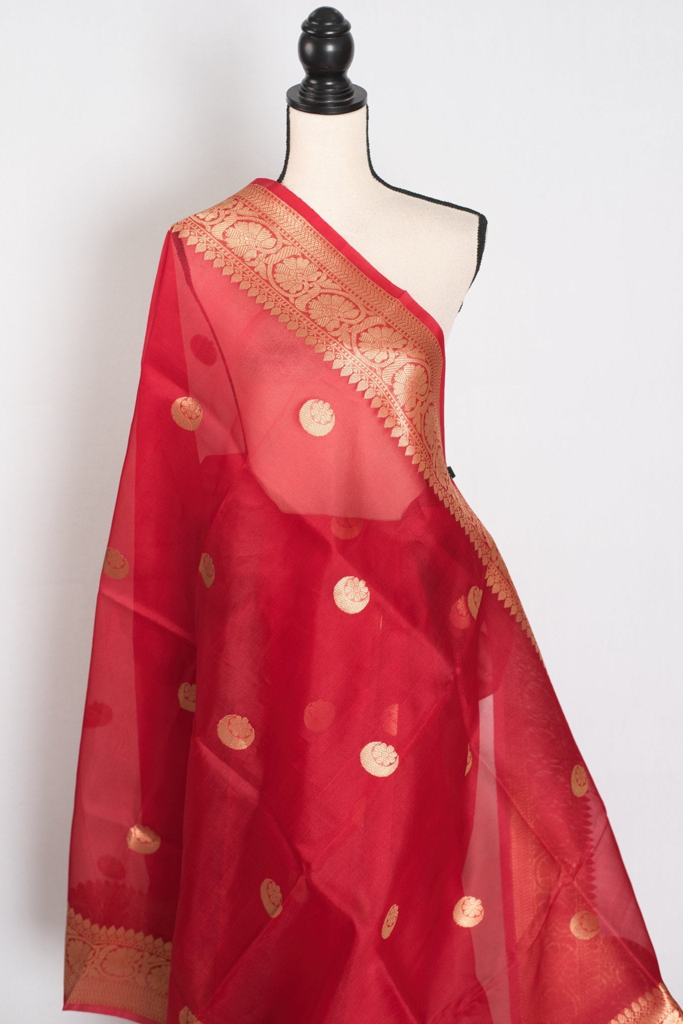 Ishq : Red and Gold Kora Organza Banarasi Saree with Stitched Blouse (Size 36) - Saree Mandi