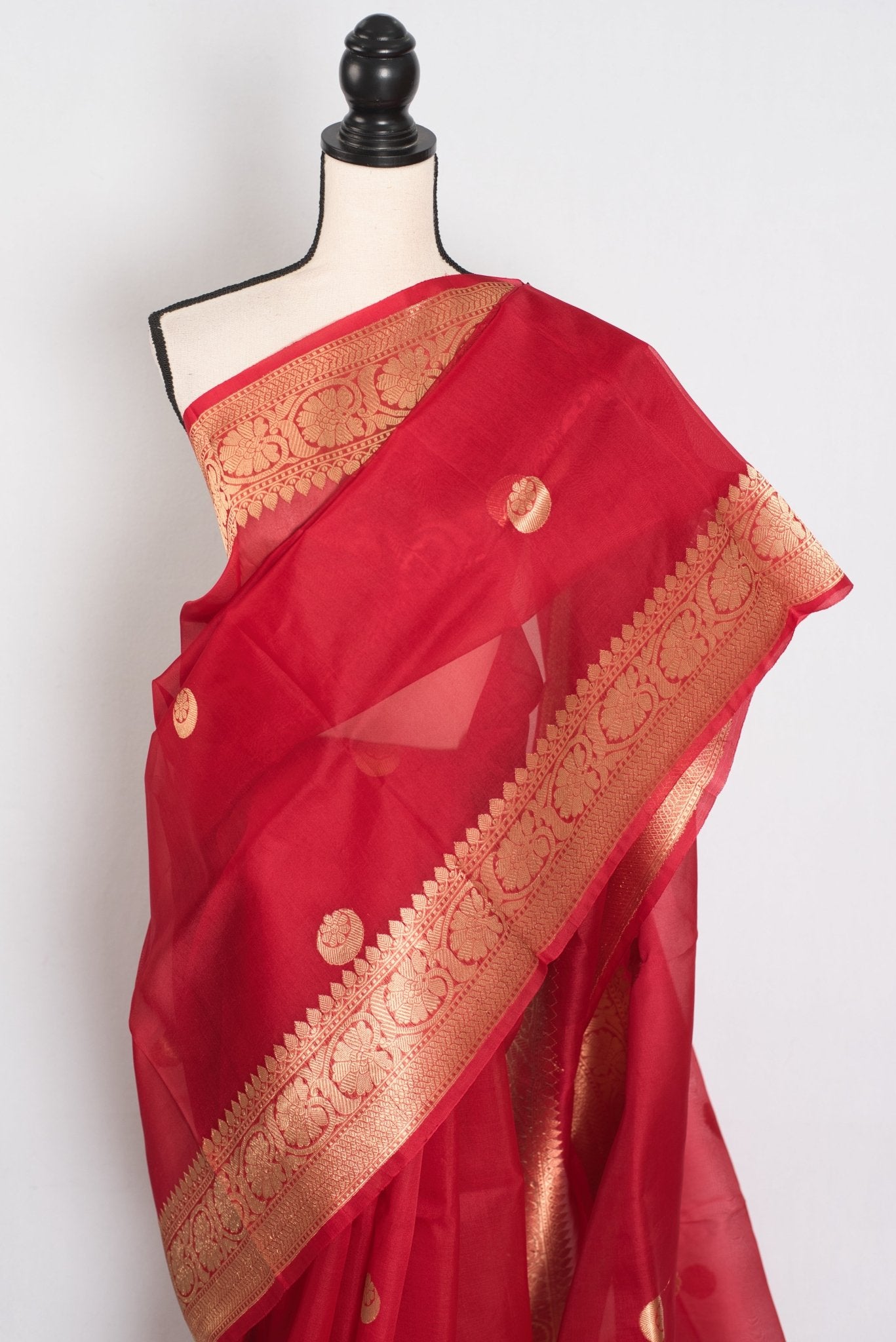 Ishq : Red and Gold Kora Organza Banarasi Saree with Stitched Blouse (Size 36) - Saree Mandi