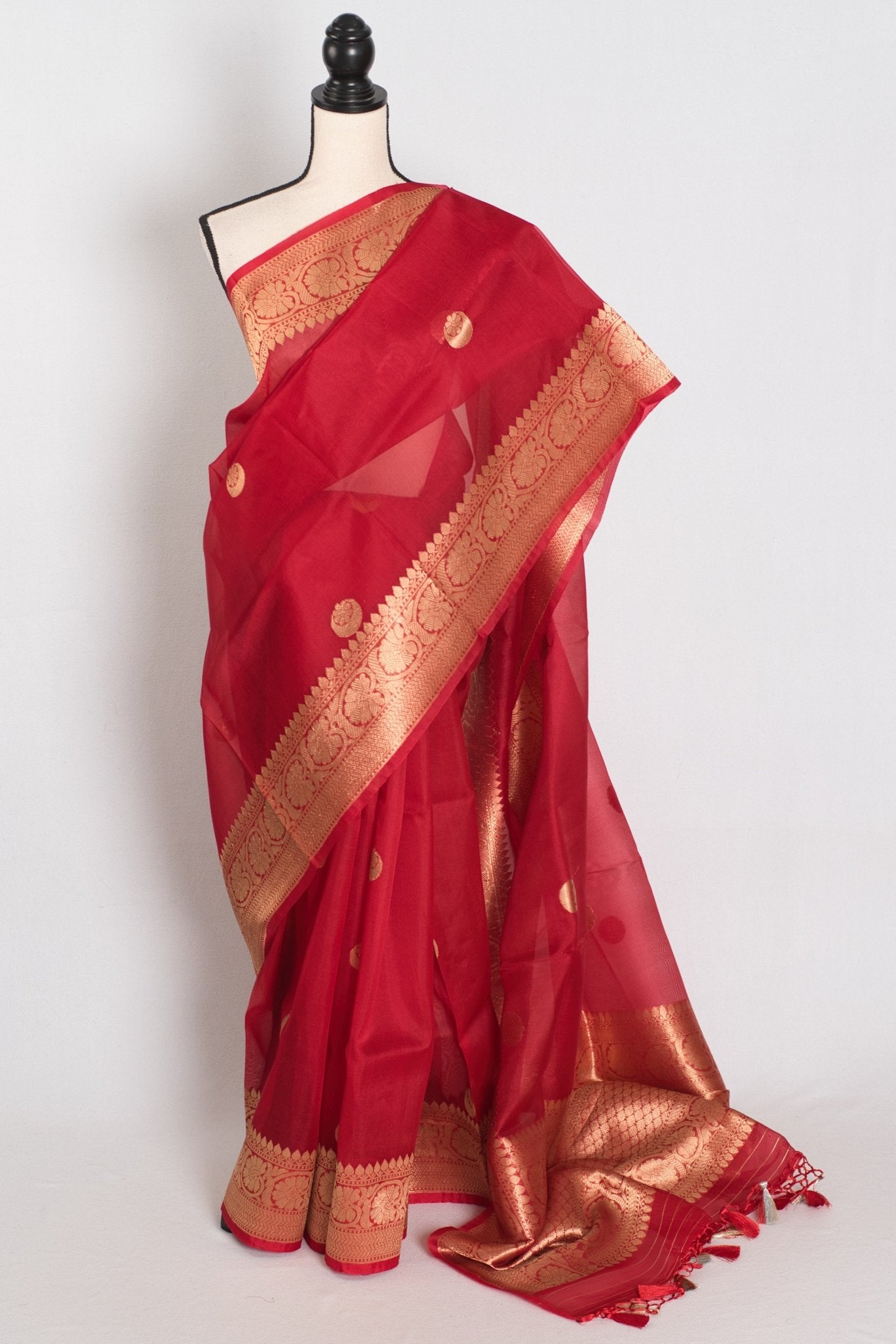 Ishq : Red and Gold Kora Organza Banarasi Saree with Stitched Blouse (Size 36) - Saree Mandi