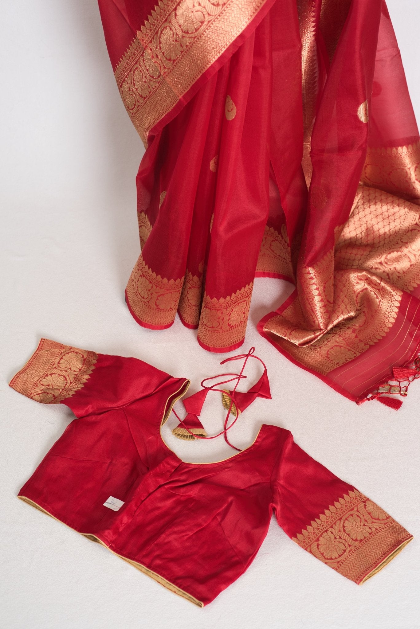 Ishq : Red and Gold Kora Organza Banarasi Saree with Stitched Blouse (Size 36) - Saree Mandi