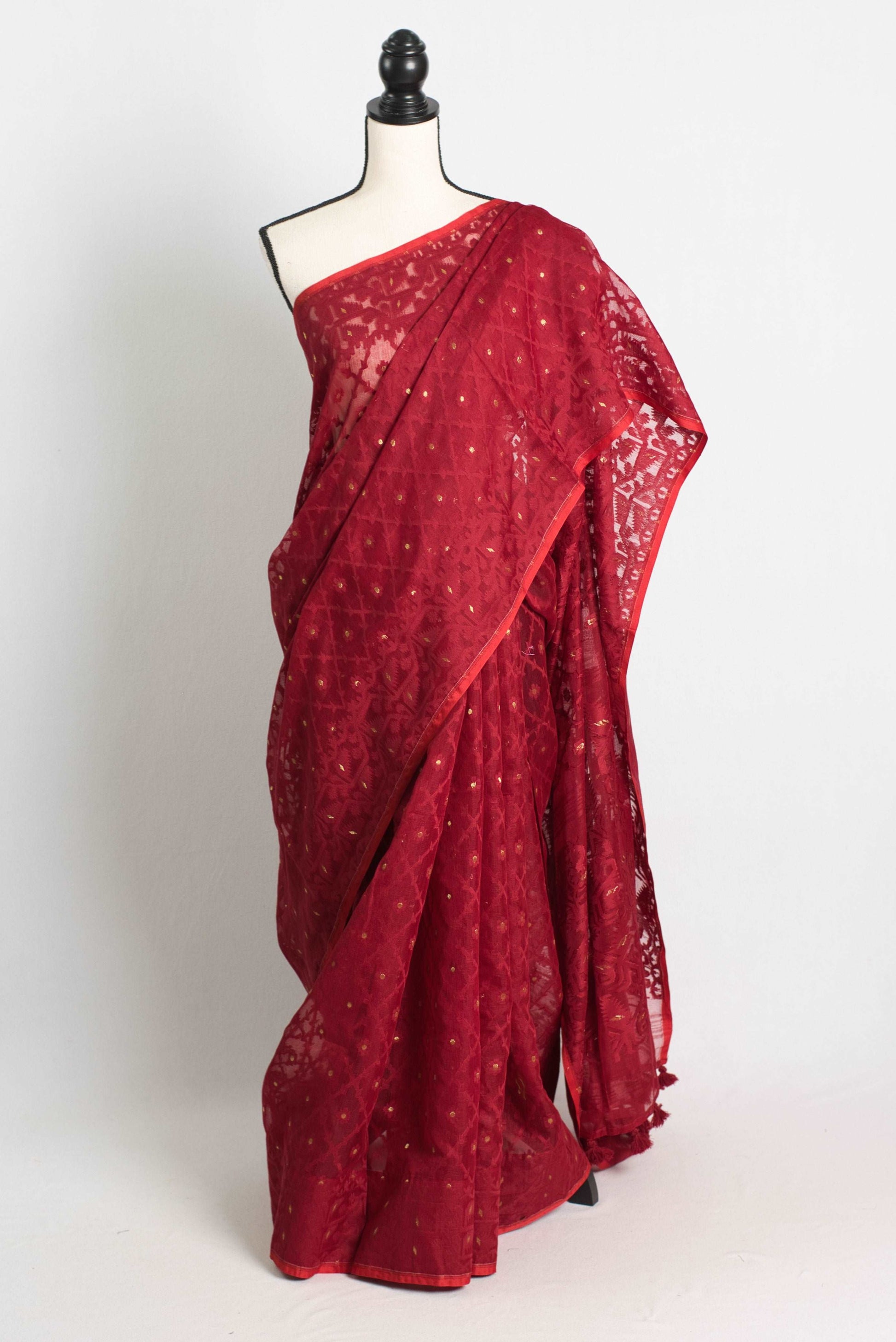 Dark Red Soft Jamdani Saree in Self Weaving Pattern and Gold Buta