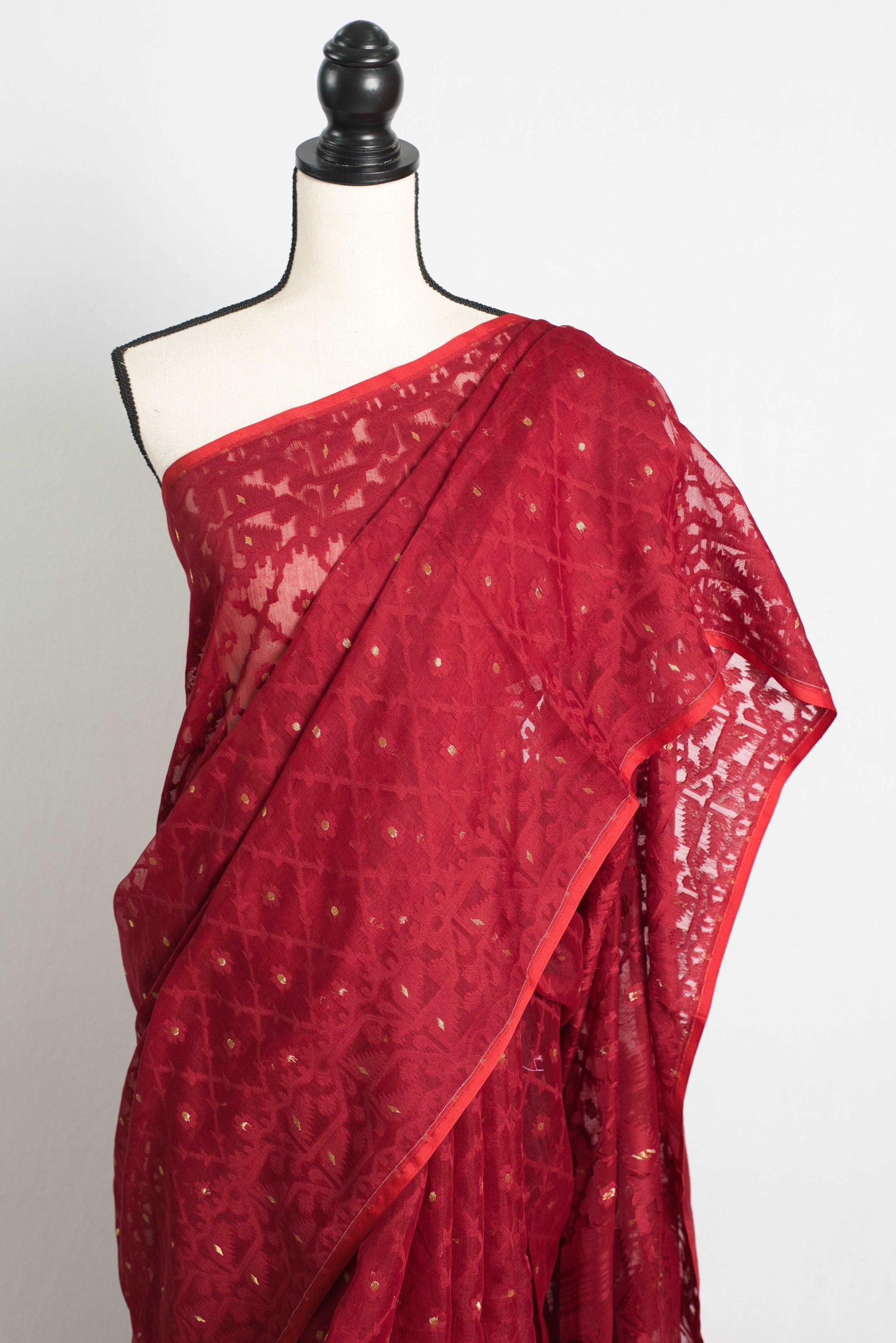 Dark Red Soft Jamdani Saree in Self Weaving Pattern and Gold Buta