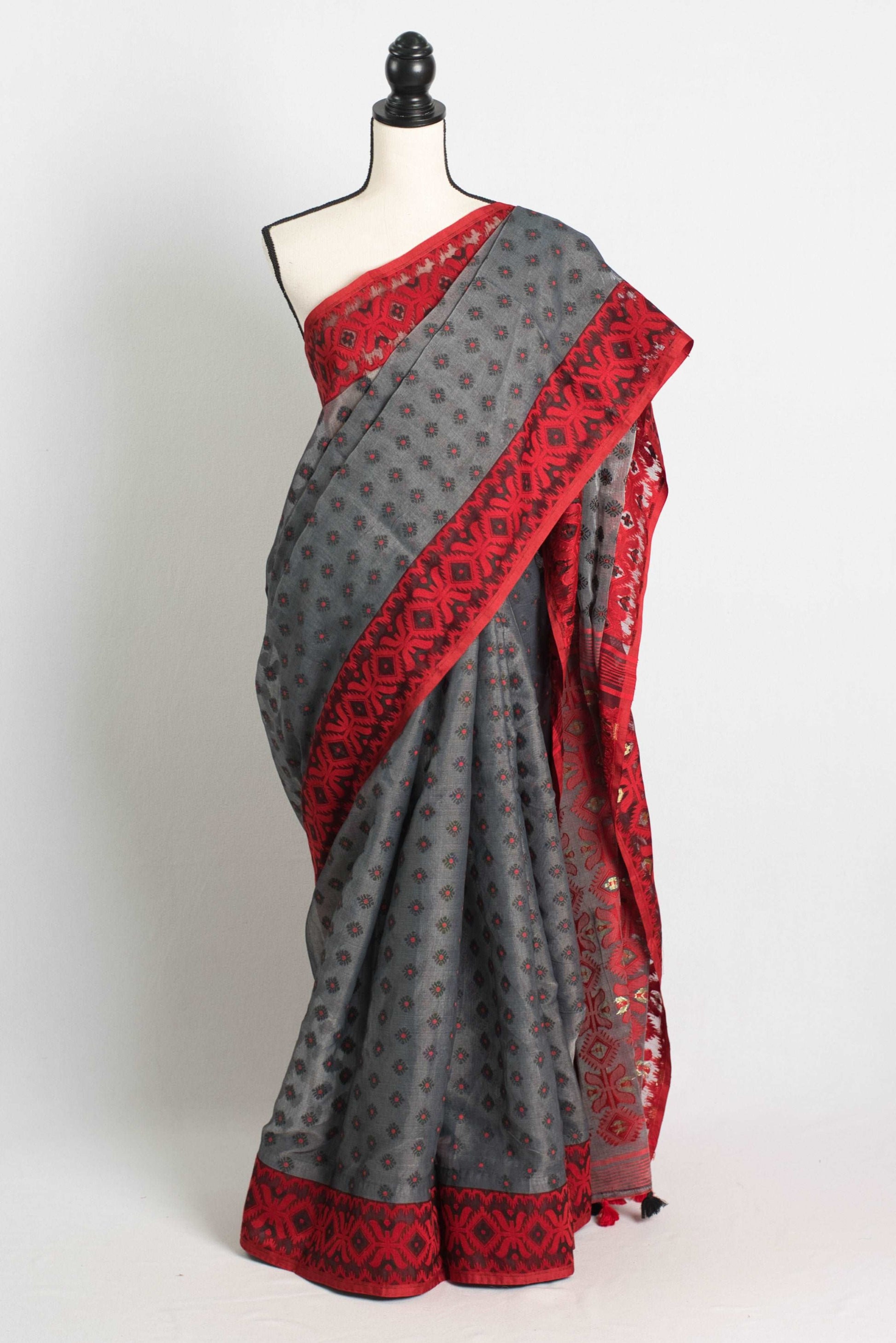 Grey Soft Jamdani Saree with Red Contrast Border