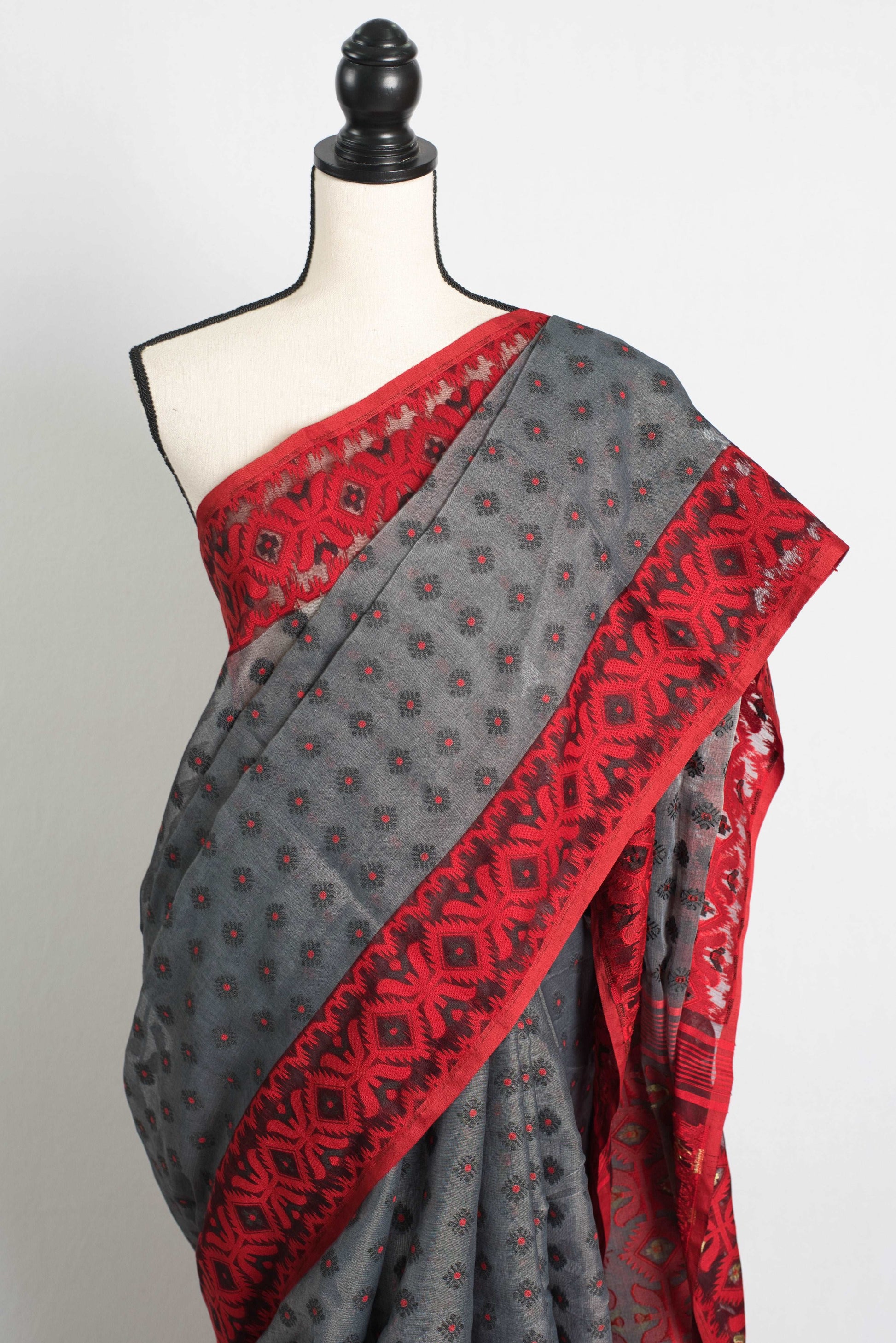 Grey Soft Jamdani Saree with Red Contrast Border