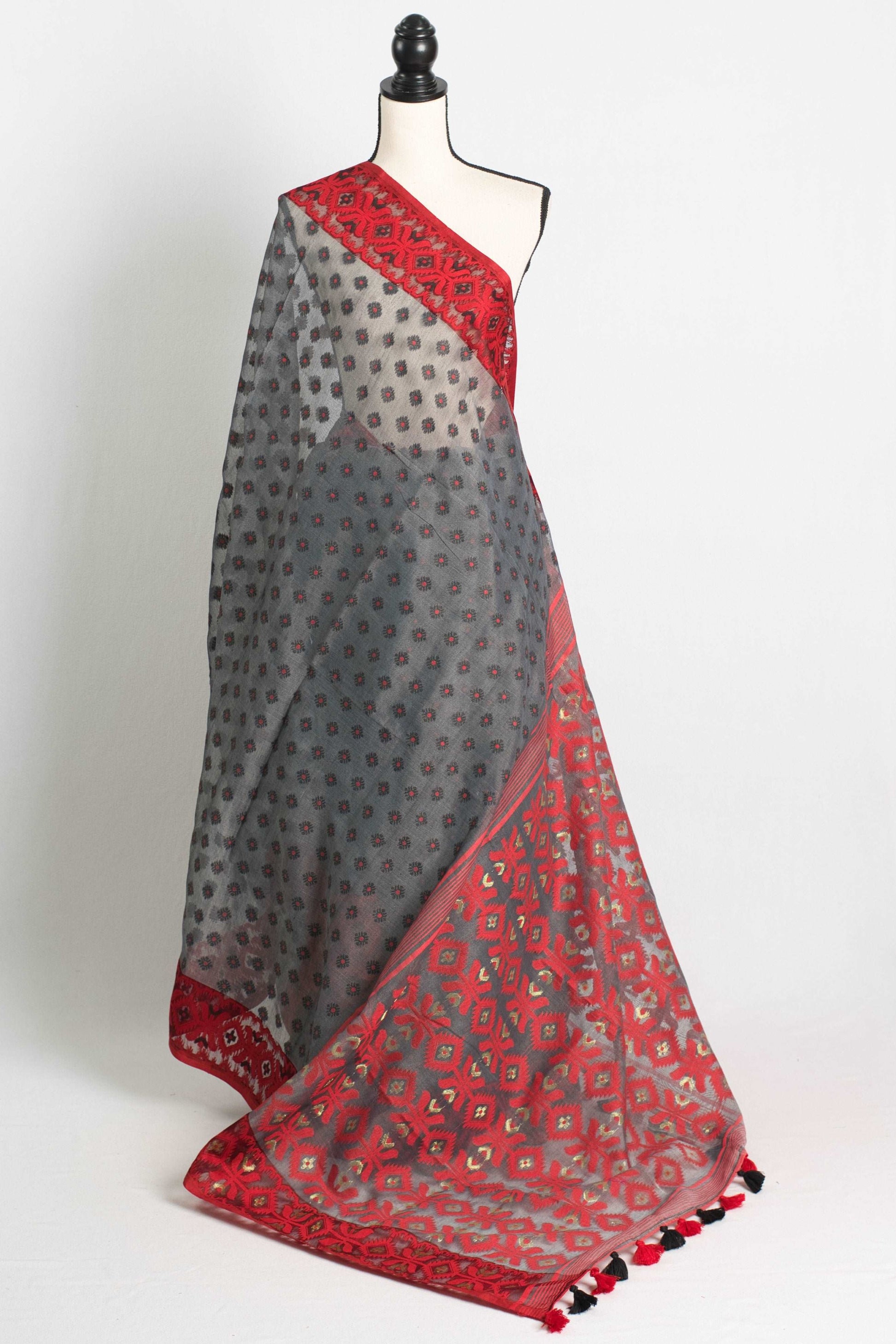 Grey Soft Jamdani Saree with Red Contrast Border