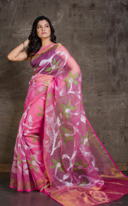 Traditional Soft Muslin Jamdani Saree in Pink, Silver and Green