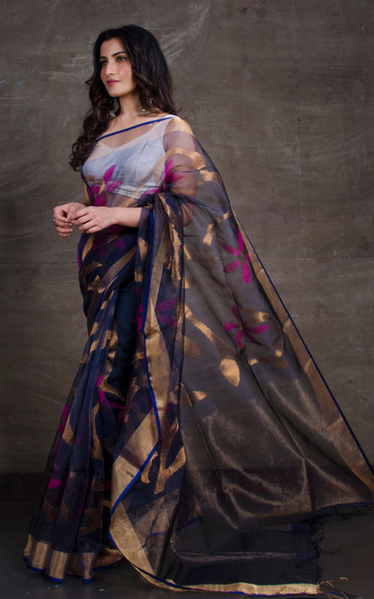 Traditional Soft Muslin Jamdani Saree in Dark Denim Blue, Gold and Magenta