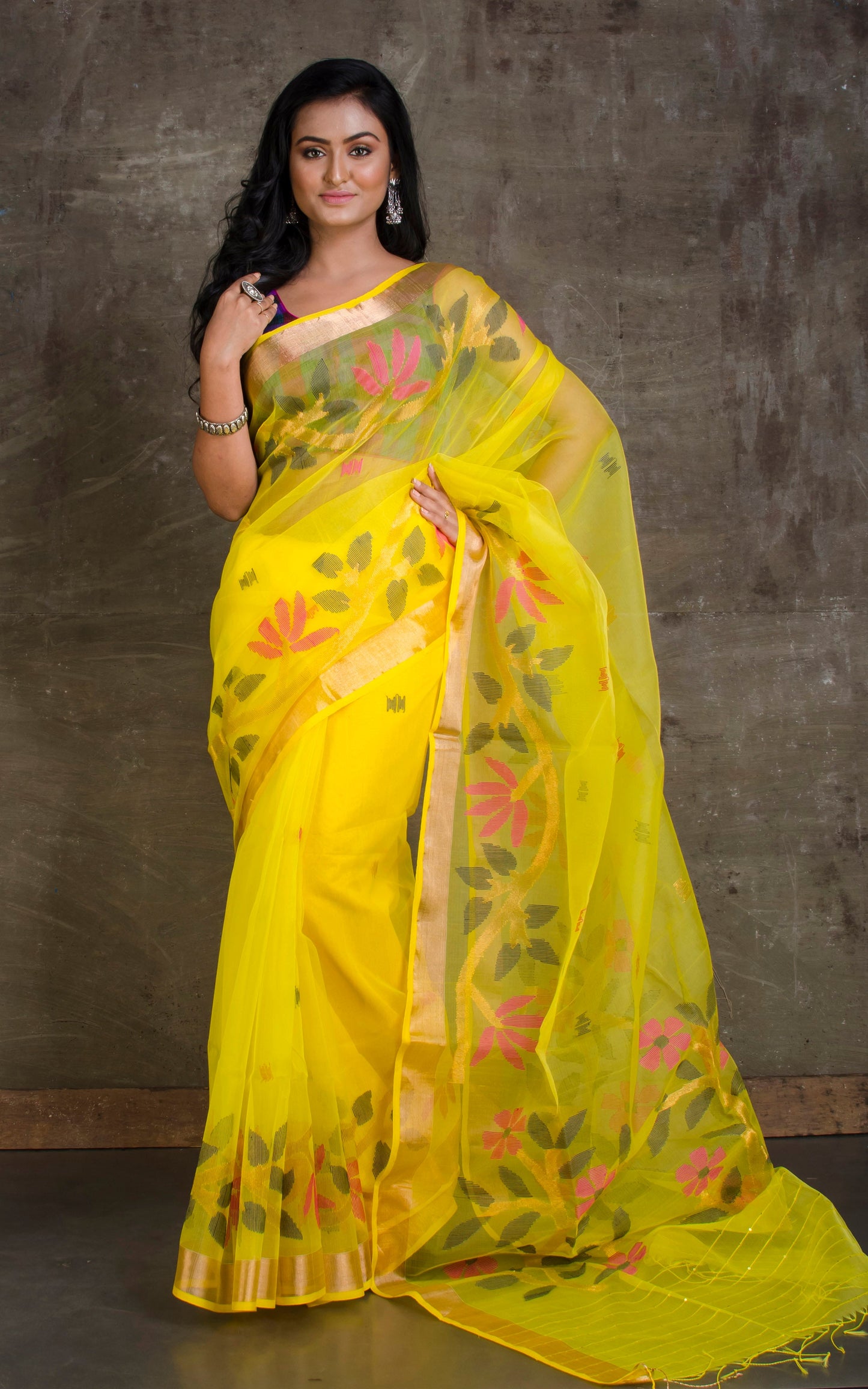 Skirt Border Work Muslin Jamdani Saree in Yellow and Multicolored Thread Work