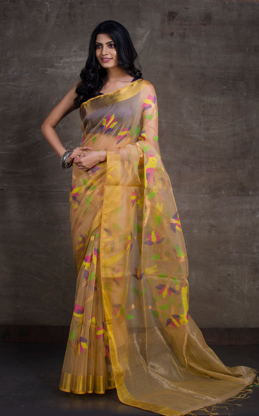 Bird Motif Muslin Jamdani Saree in Gold Sand and Multicolored Thread Work.