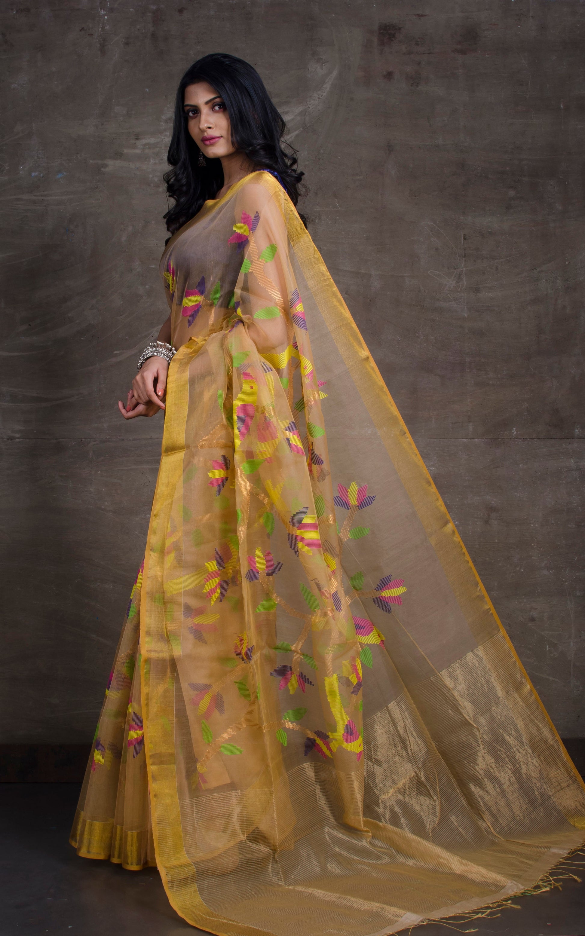 Bird Motif Muslin Jamdani Saree in Gold Sand and Multicolored Thread Work.