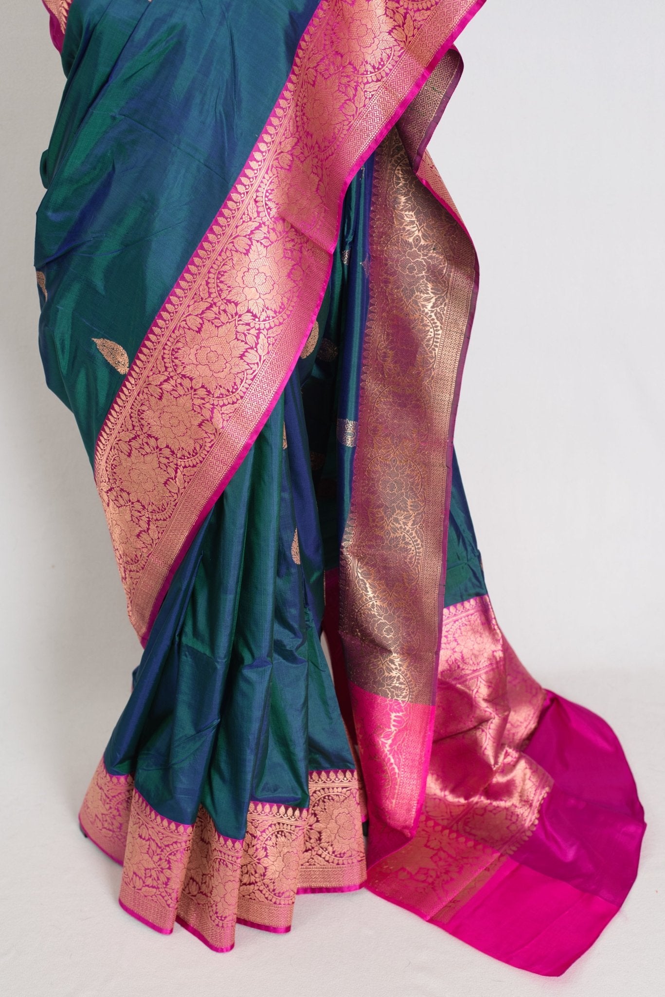 Jaya : Certified Silk Banarasi Saree in Peacock Green and Pink - Saree Mandi