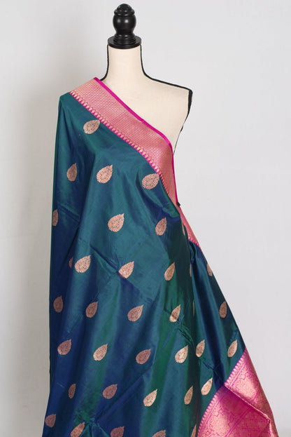 Jaya : Certified Silk Banarasi Saree in Peacock Green and Pink - Saree Mandi