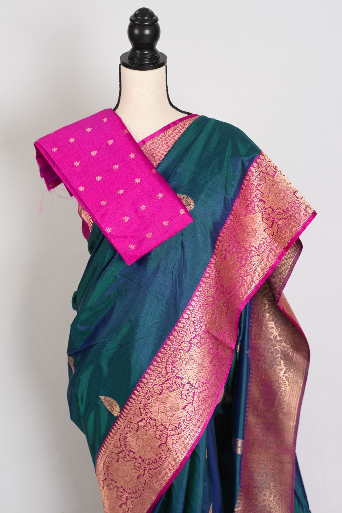 Jaya : Certified Silk Banarasi Saree in Peacock Green and Pink - Saree Mandi