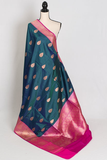 Jaya : Certified Silk Banarasi Saree in Peacock Green and Pink - Saree Mandi