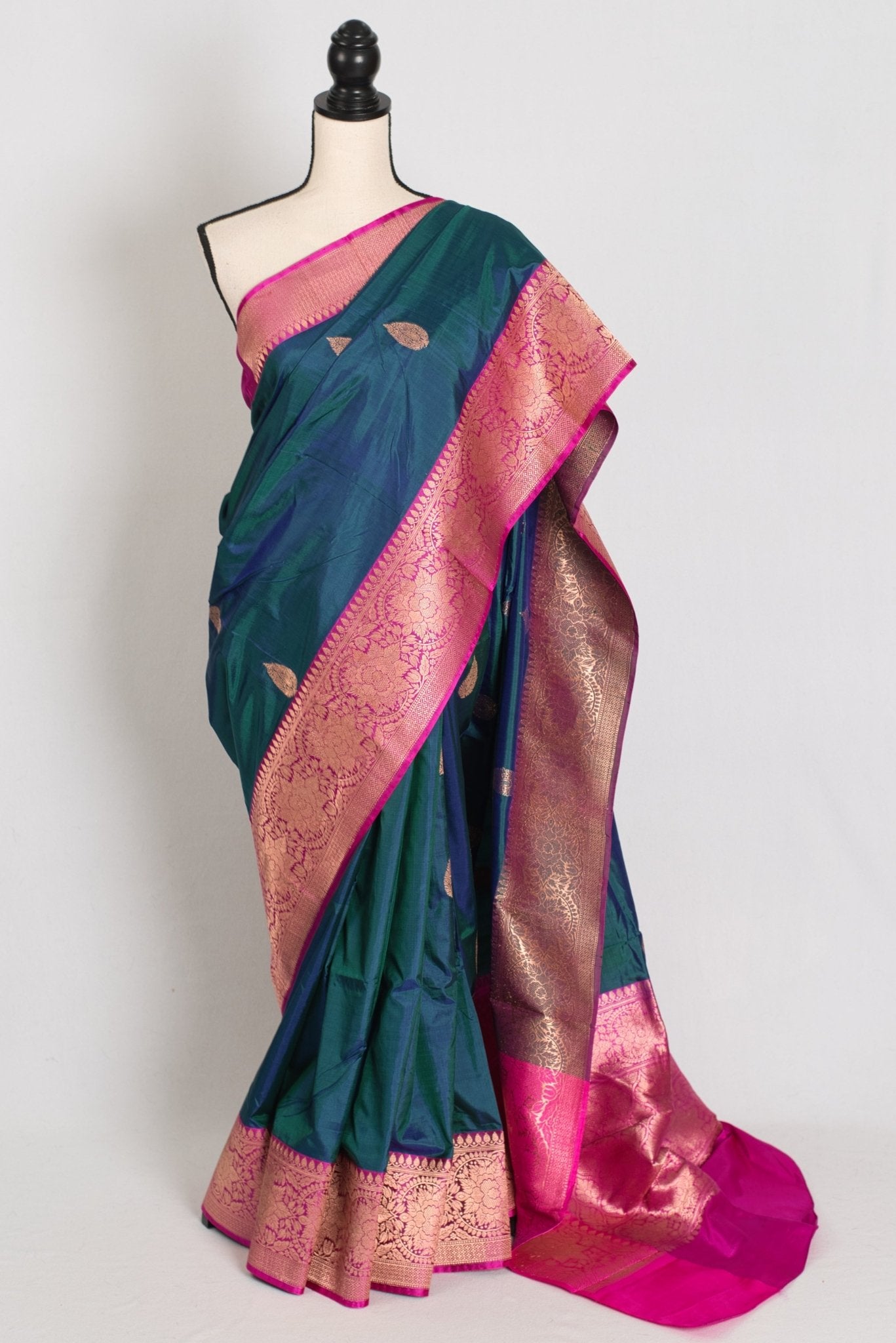 Jaya : Certified Silk Banarasi Saree in Peacock Green and Pink - Saree Mandi