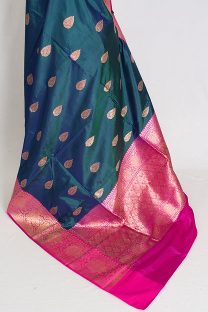 Jaya : Certified Silk Banarasi Saree in Peacock Green and Pink - Saree Mandi