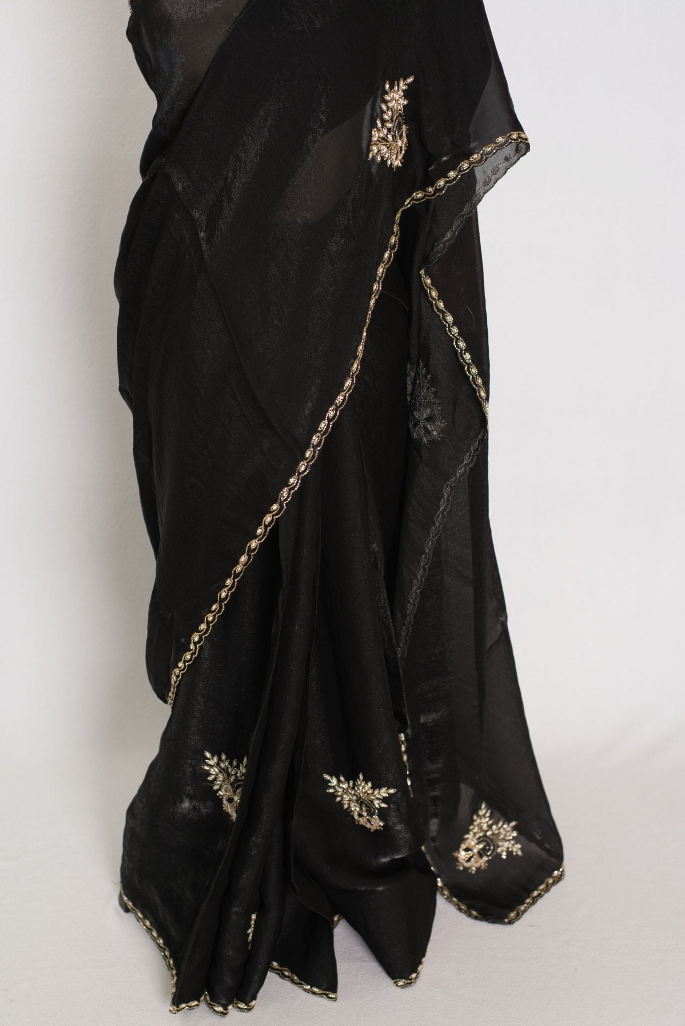 Kajal: Black & Gold Glass Tissue Cut Dana Embroidery Saree - Saree Mandi