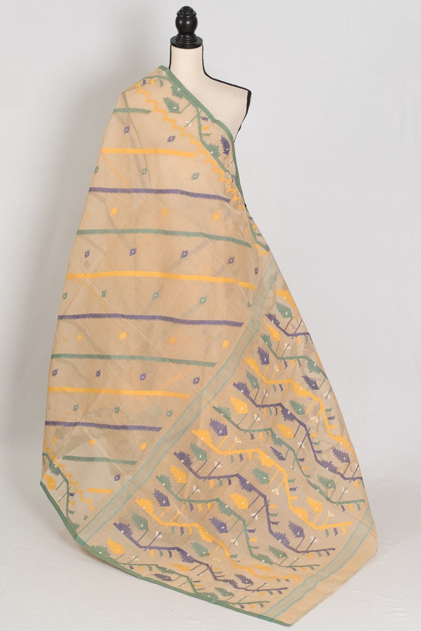 Kala: Beige Bengal Handloom Cotton Jamdani Saree with Multi - Color Work - Saree Mandi