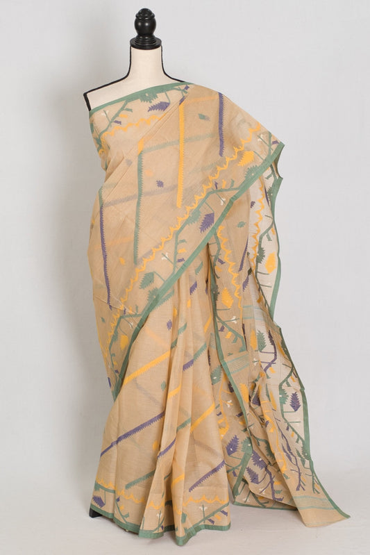 Kala: Beige Bengal Handloom Cotton Jamdani Saree with Multi - Color Work - Saree Mandi