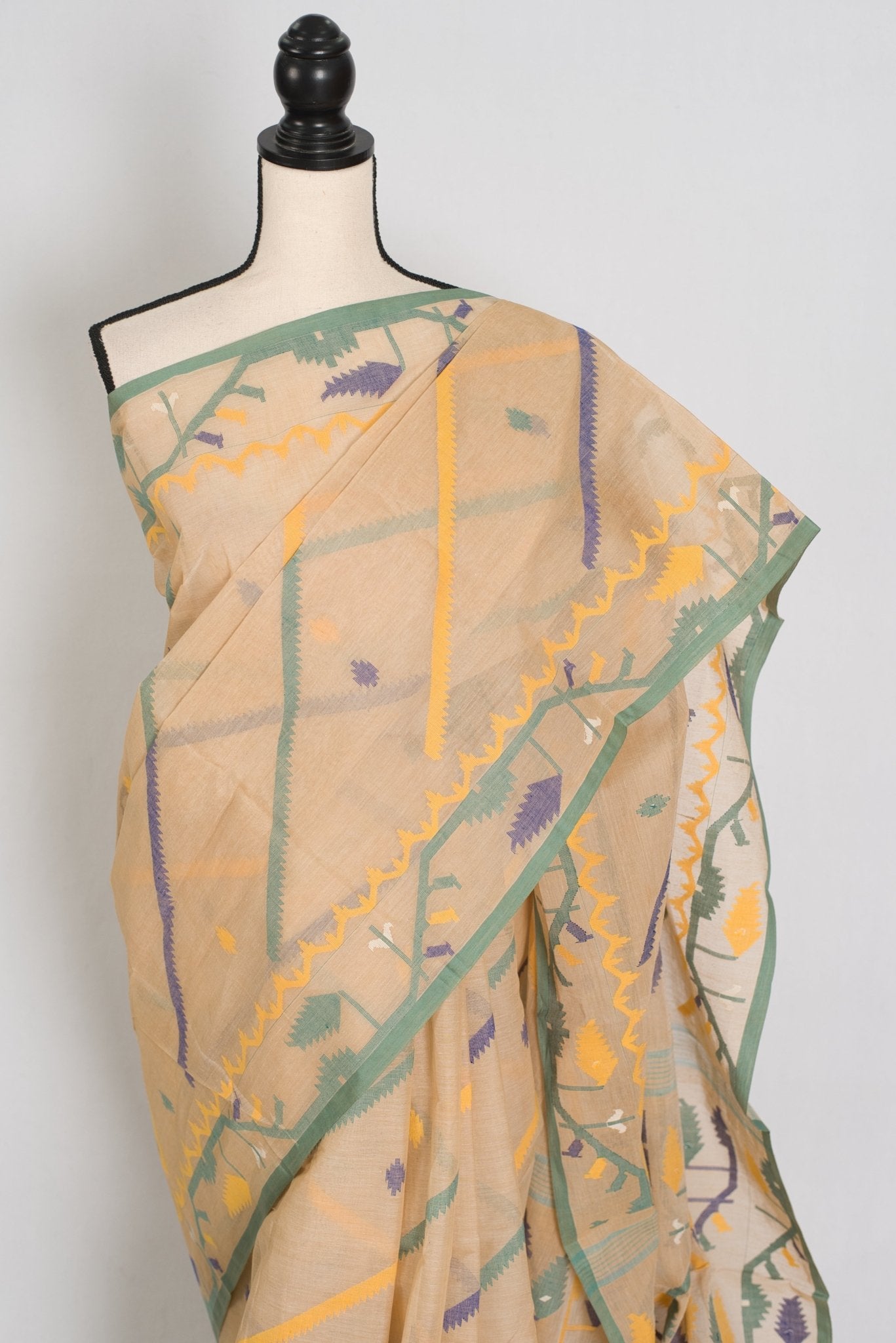 Kala: Beige Bengal Handloom Cotton Jamdani Saree with Multi - Color Work - Saree Mandi